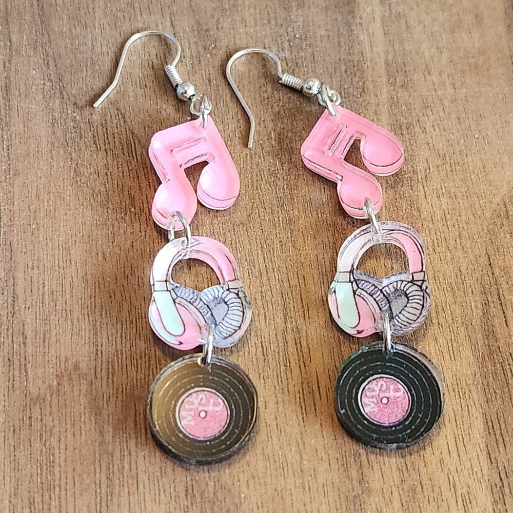 Music Lover Acrylic Dangle Earring Pink Blue Musical Note Headphone Vinyl Record